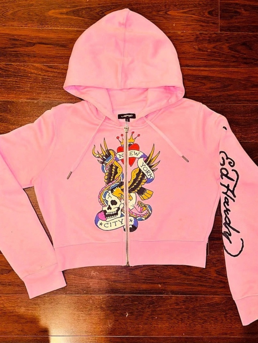 Ed Hardy New York City Skull Tattoo Graphic Cropped Zip Hoodie Pink Large